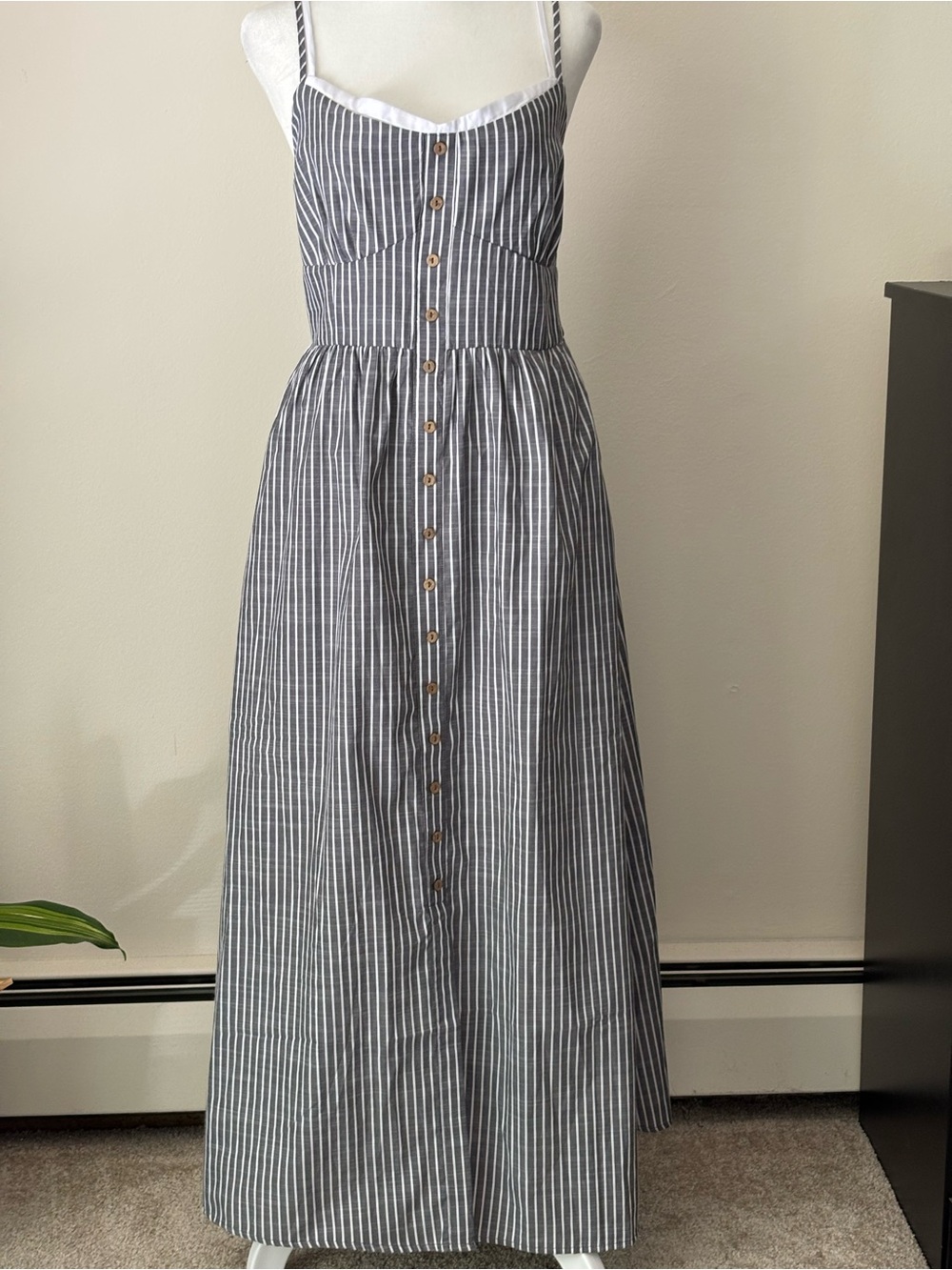 By the river Anthropologie Striped Button-Front Maxi Sundress - Gray/White